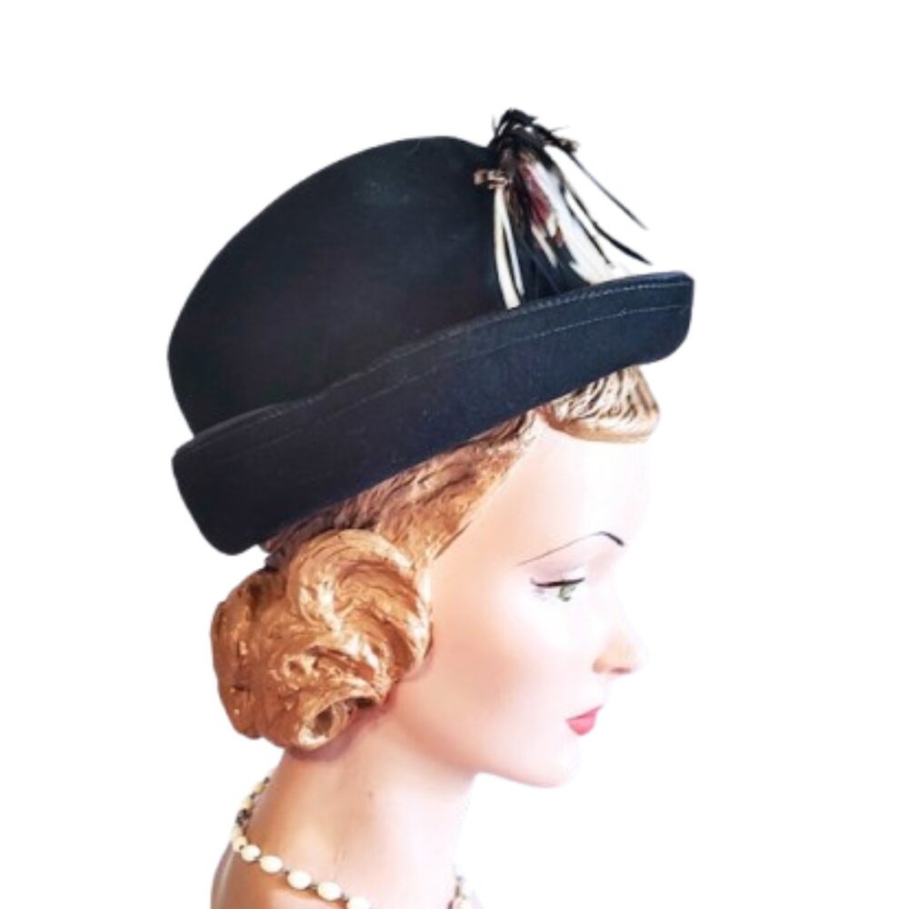 1960s Black Vintage Men's Look Fedora Style Formed Felt Hat Feathers Brimmed - Picture 6 of 9